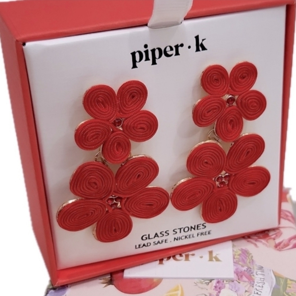 Piper Kred Flower Floral Glass Stone Embroided Raffia Drop Earrings 40$